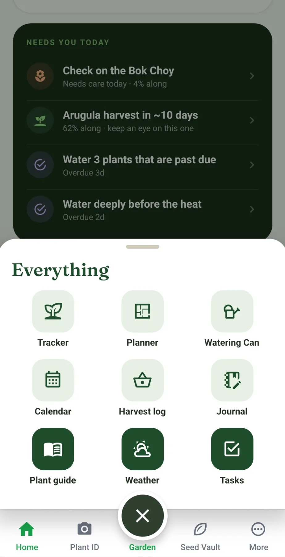 The app's tools menu: tracker, planner, Watering Can, calendar, harvest log, journal, plant guide, weather and tasks