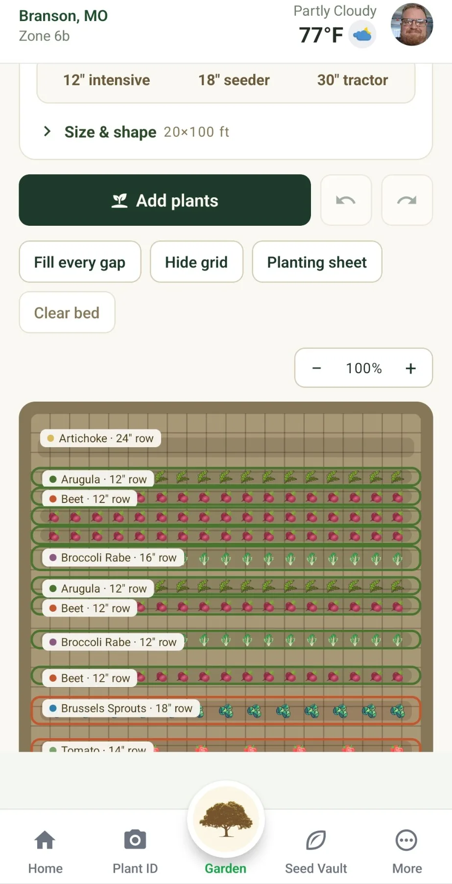 The garden planner: a 20×100 ft plot laid out in rows of arugula, beet, broccoli rabe and Brussels sprouts