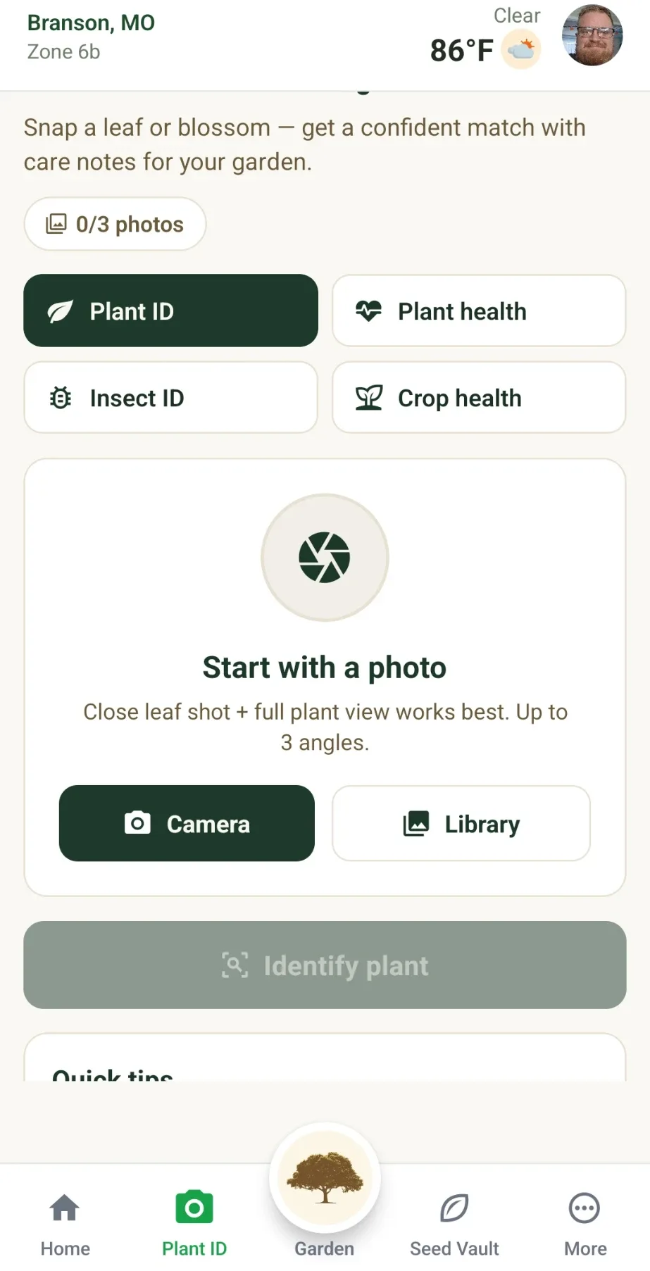 Plant ID: photograph a leaf or blossom to identify a plant, check plant or crop health, or identify an insect
