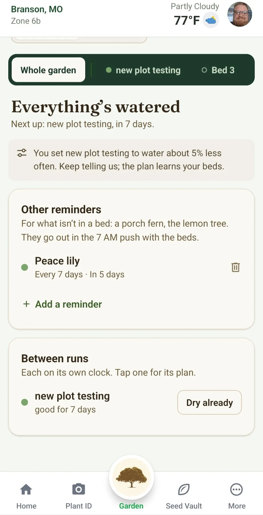 The Watering Can: everything's watered, when each bed is next due, and reminders for plants that aren't in a bed
